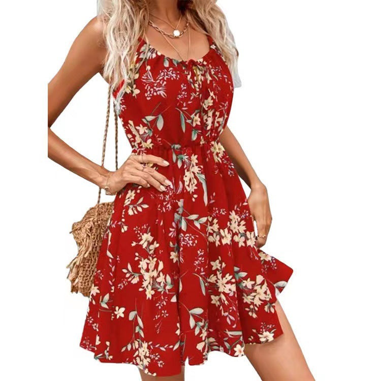 Women's floral dress with adjustable spaghetti straps and elastic waistband, size [size missing]