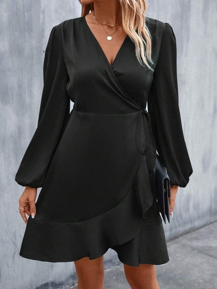 Valenzora | V-neck dress, satin, fitted waist, low neck, casual midi dress, cute women's clothing