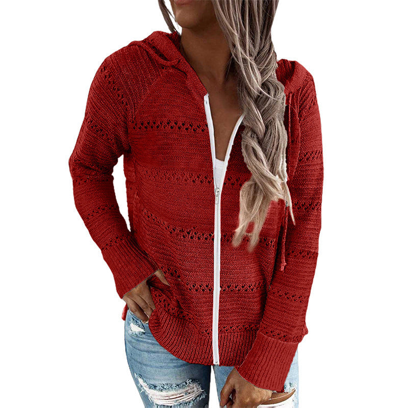 Women's casual cardigan with hood and decorative openwork pattern, size