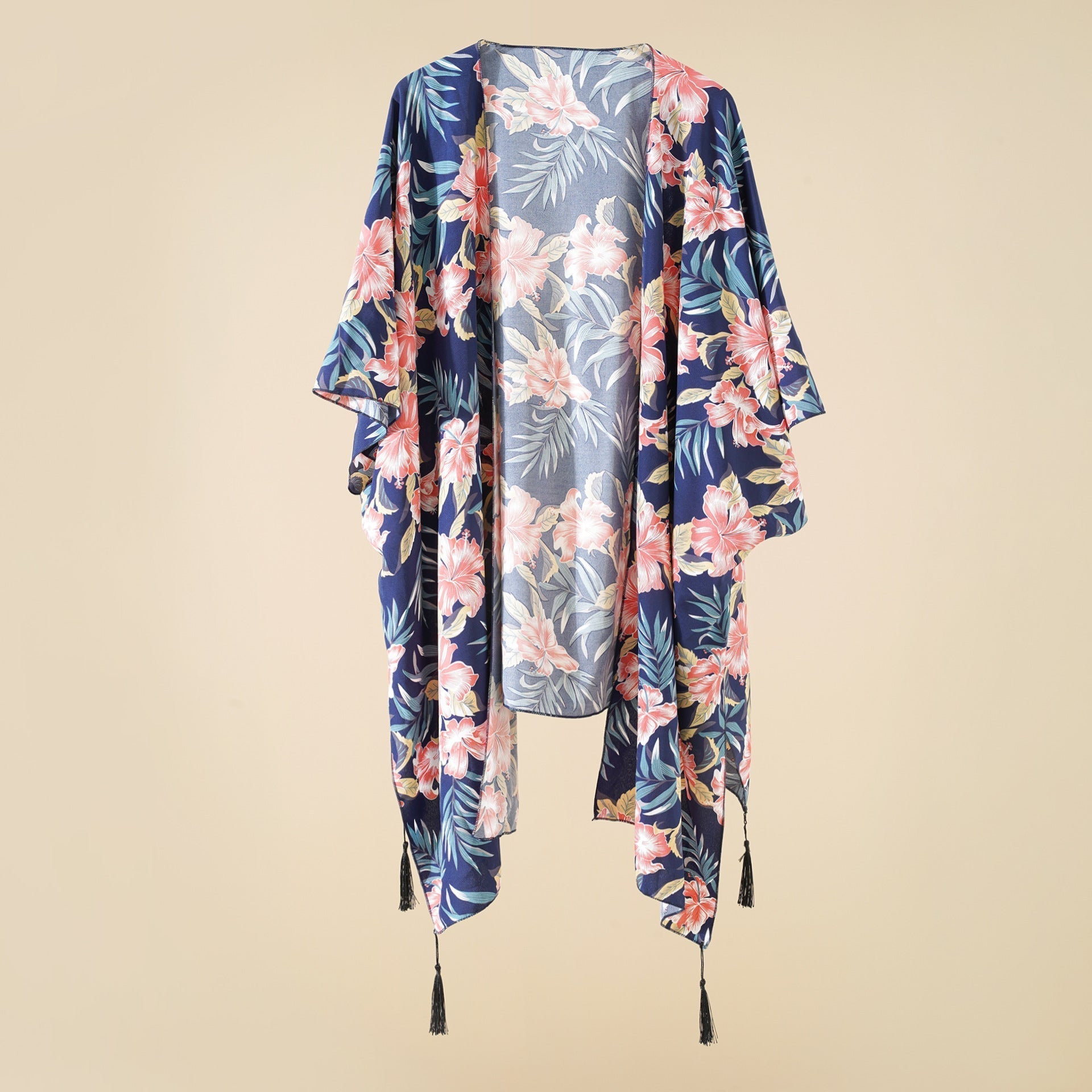 Women's Floral Kimono Wrap with Fringed Details, Size