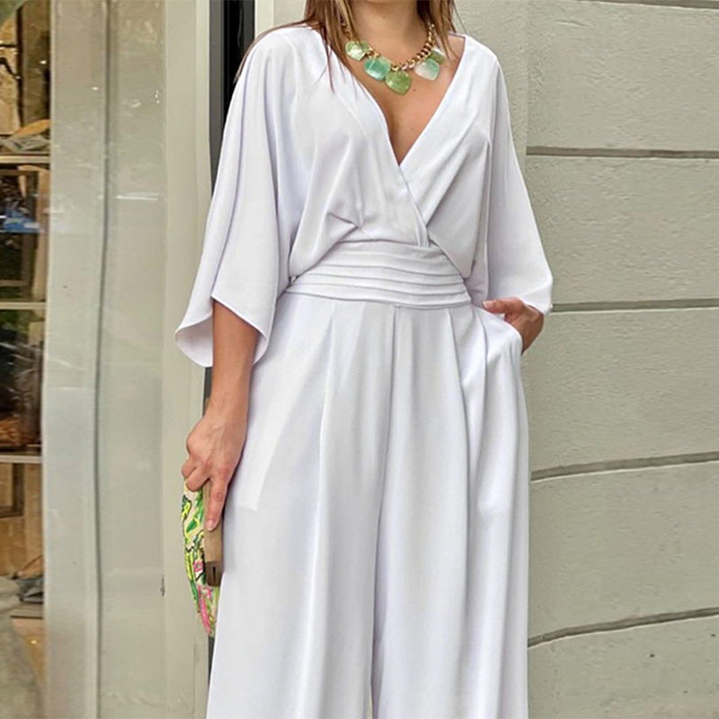 Eleganter Damen-Overall mit weitem Bein und Wickeloberteil, Größe