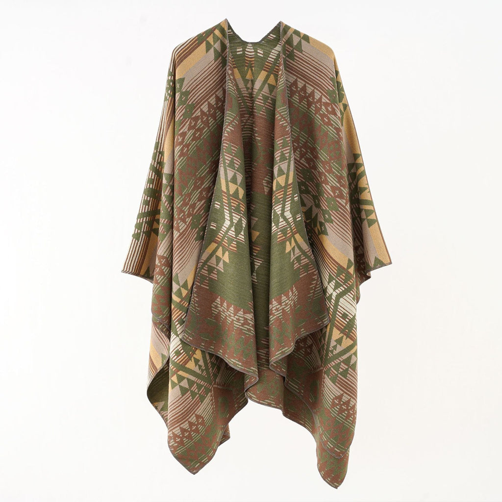 Women's geometric throw poncho with warm material and trendy pattern, size S