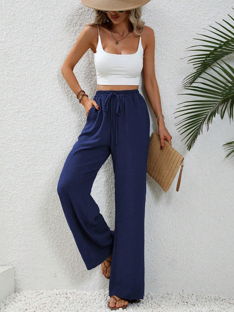 Elegante Damen-Hose mit weitem Bein aus leichtem Baumwoll-Mix mit elastischem Bund, Größe [size missing]
