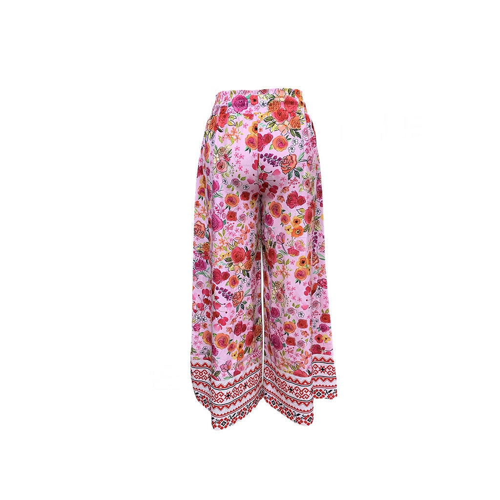 Damenhose mit weitem Bein, Blumenmuster, elastischem Bund und praktischen Taschen, Größe