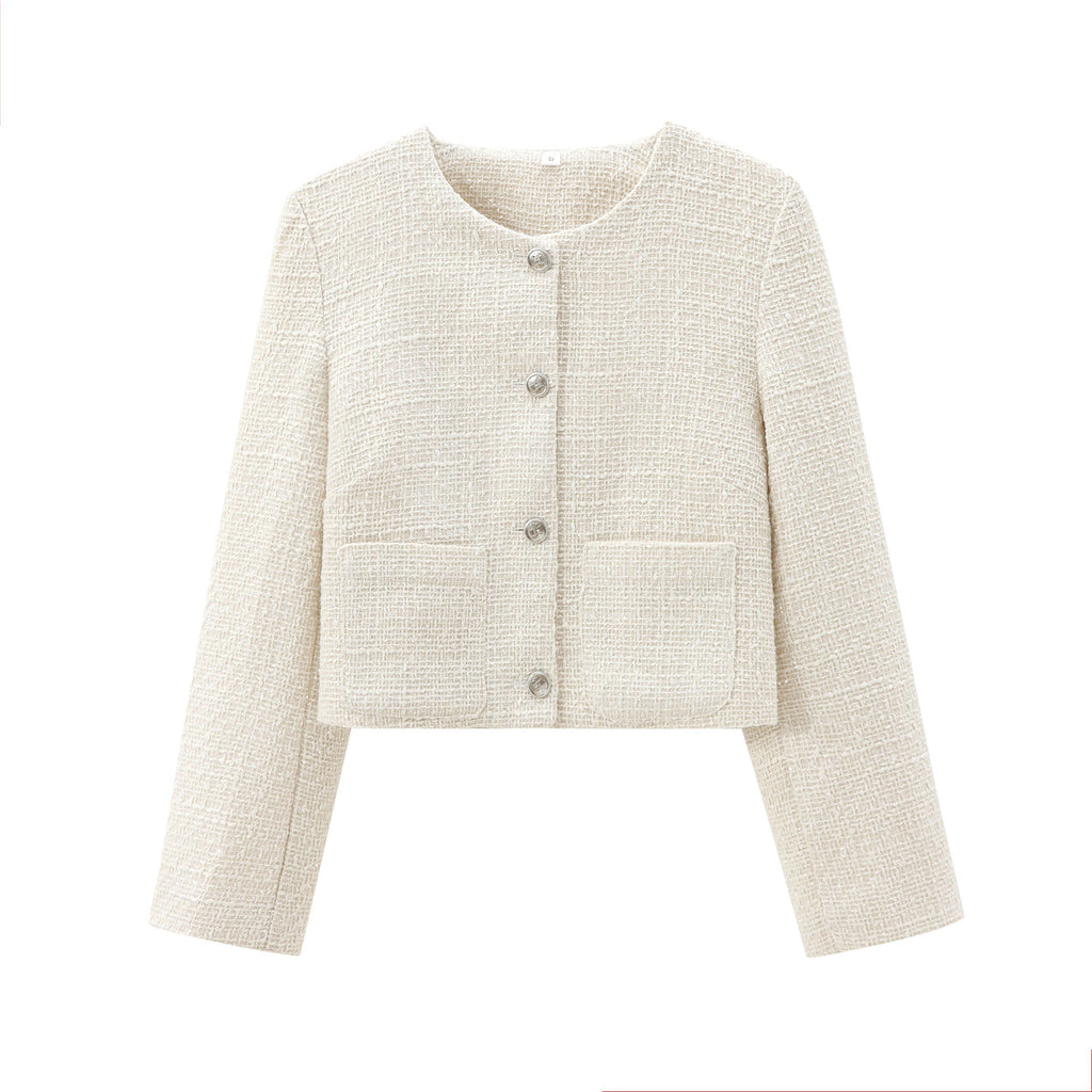 Kurze Designer-Damenjacke mit strukturierter Stoffoberfläche, Größe S