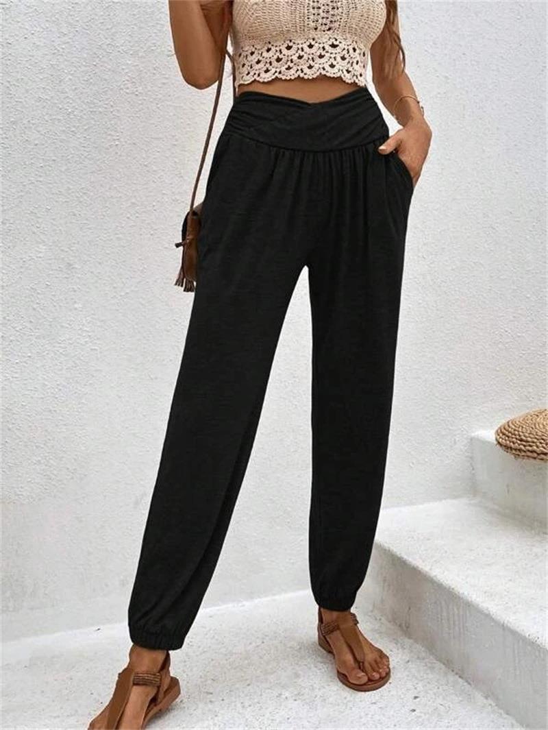 Women's casual high-waisted trousers with comfortable elastic waistband, size [size missing]