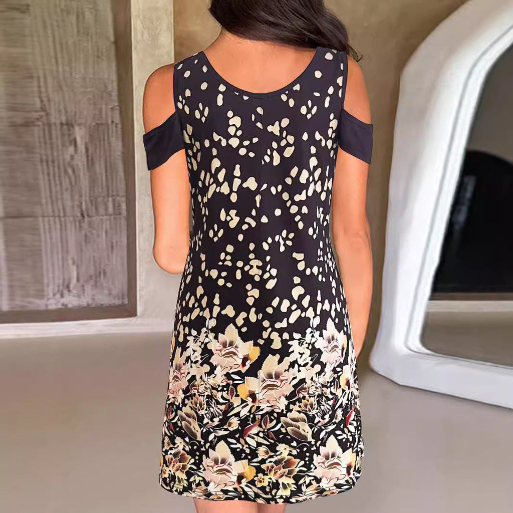 Women's dress with trendy off-the-shoulder cutouts and elegant floral print, size S