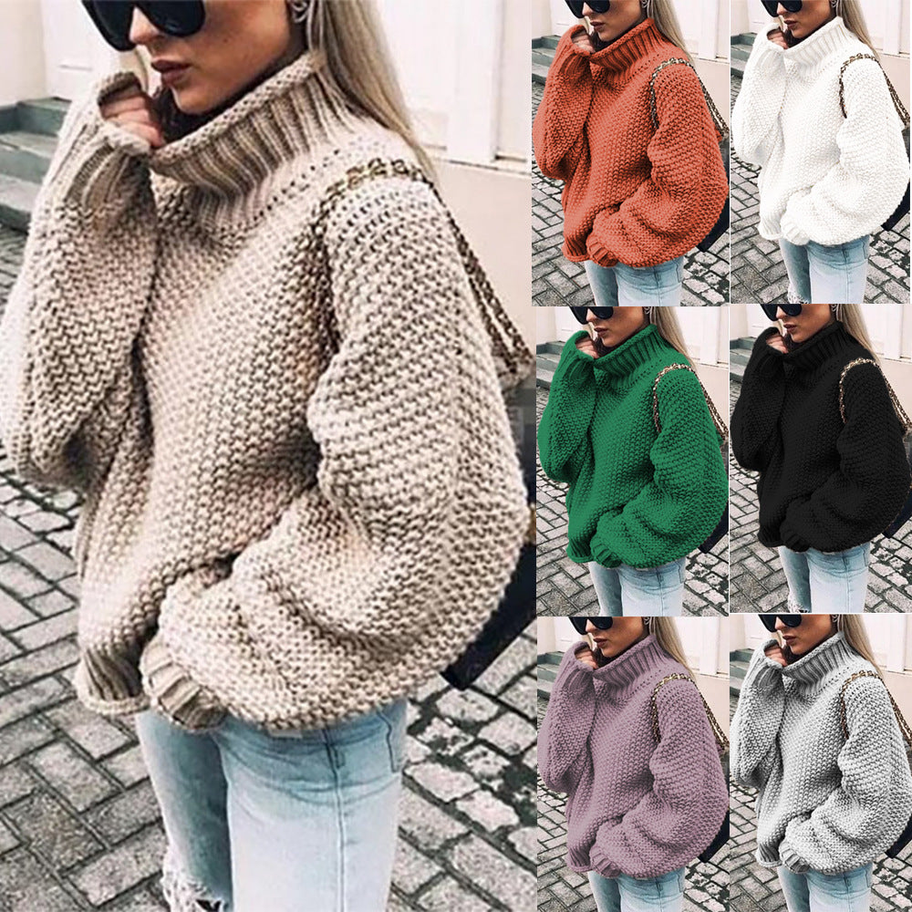 Women's chunky knit sweater with high collar and relaxed fit, size