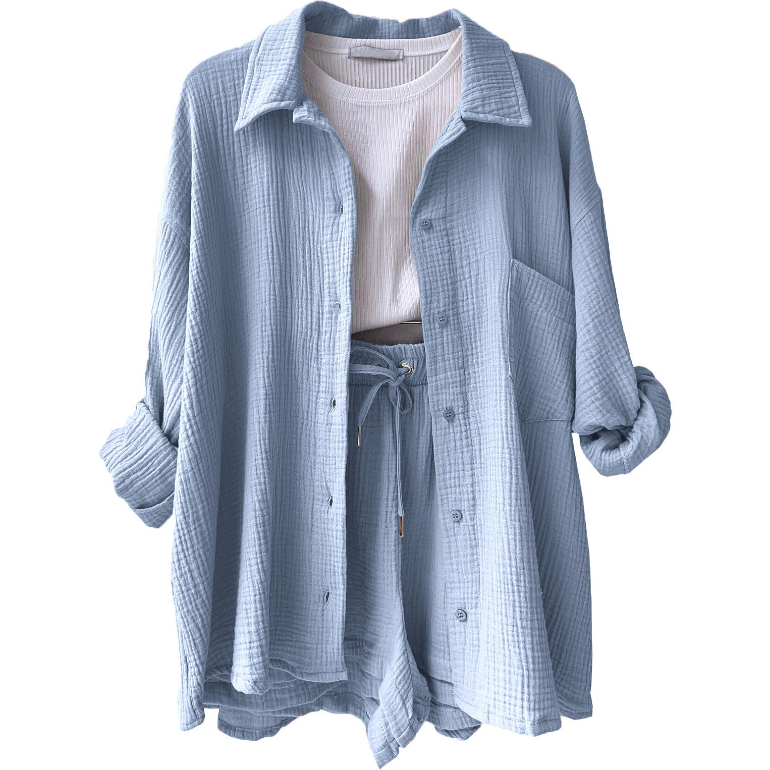 Women's casual summer outfit with modern button placket and elastic waistband, size S