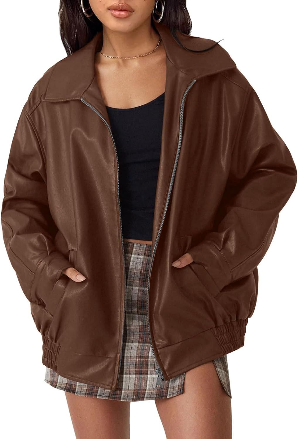Women's casual faux leather jacket with a wide cut and practical pockets, size S
