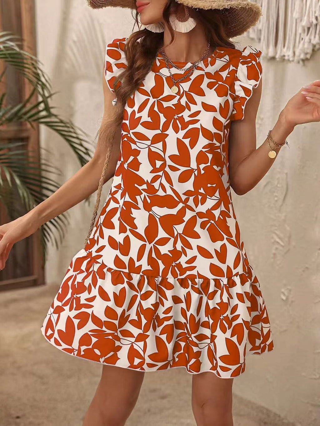 Damen-Sommerkleid mit Rüschen und Blumenmuster, Größe