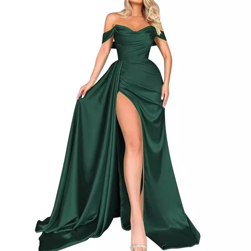 Damen schulterfreies Abendkleid mit hohem Beinschlitz und voluminösem Rock, Größe [Größe fehlt]