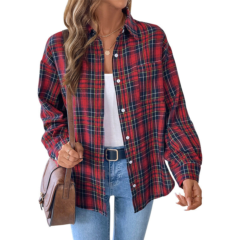 Women's checked overshirt with wide sleeve design, size