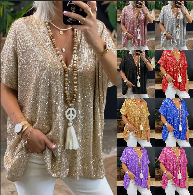 Women's sparkling top with an elegant V-neck and a relaxed fit, size [size]
