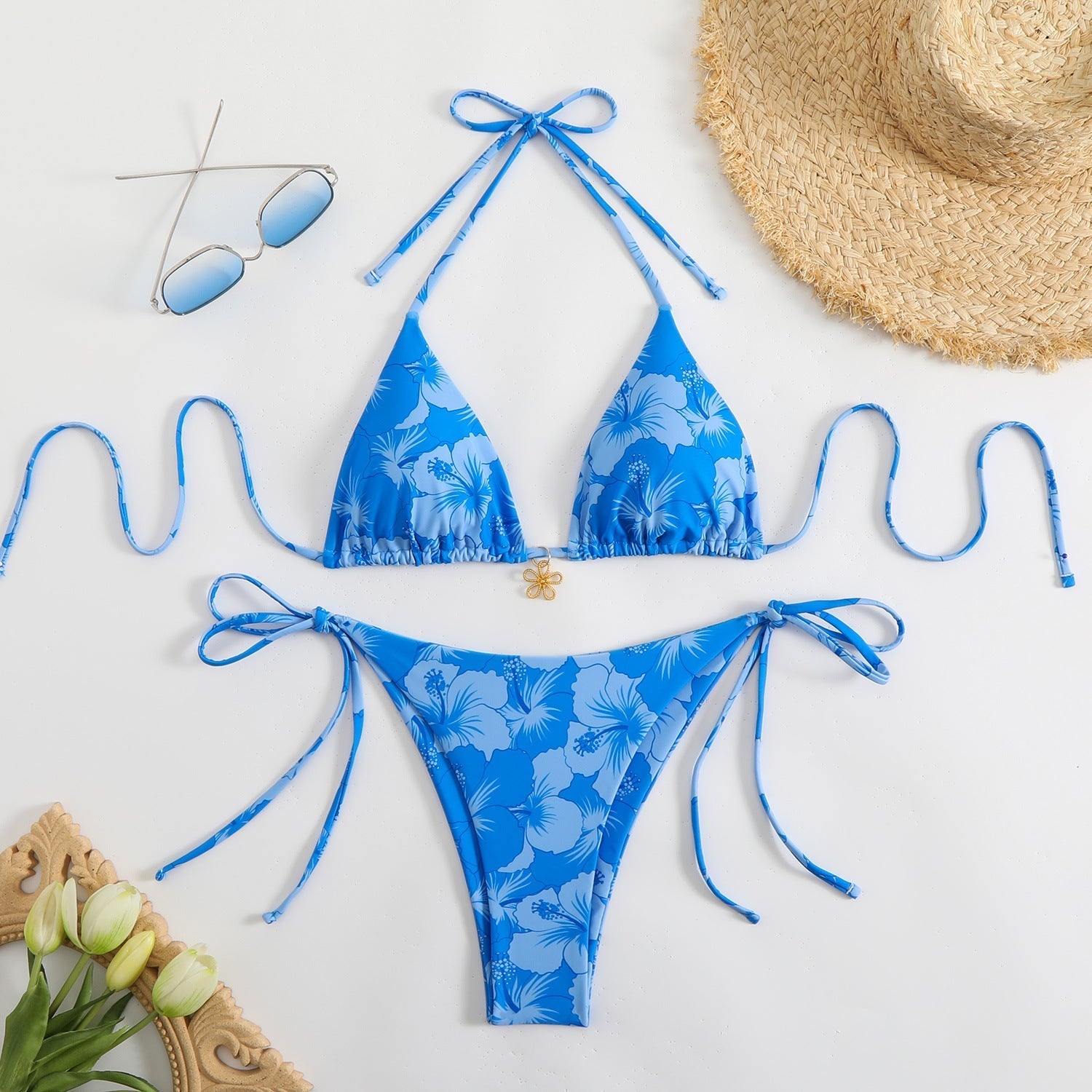 Valenzora | Women's triangle bikini set with playful floral pattern and tie straps
