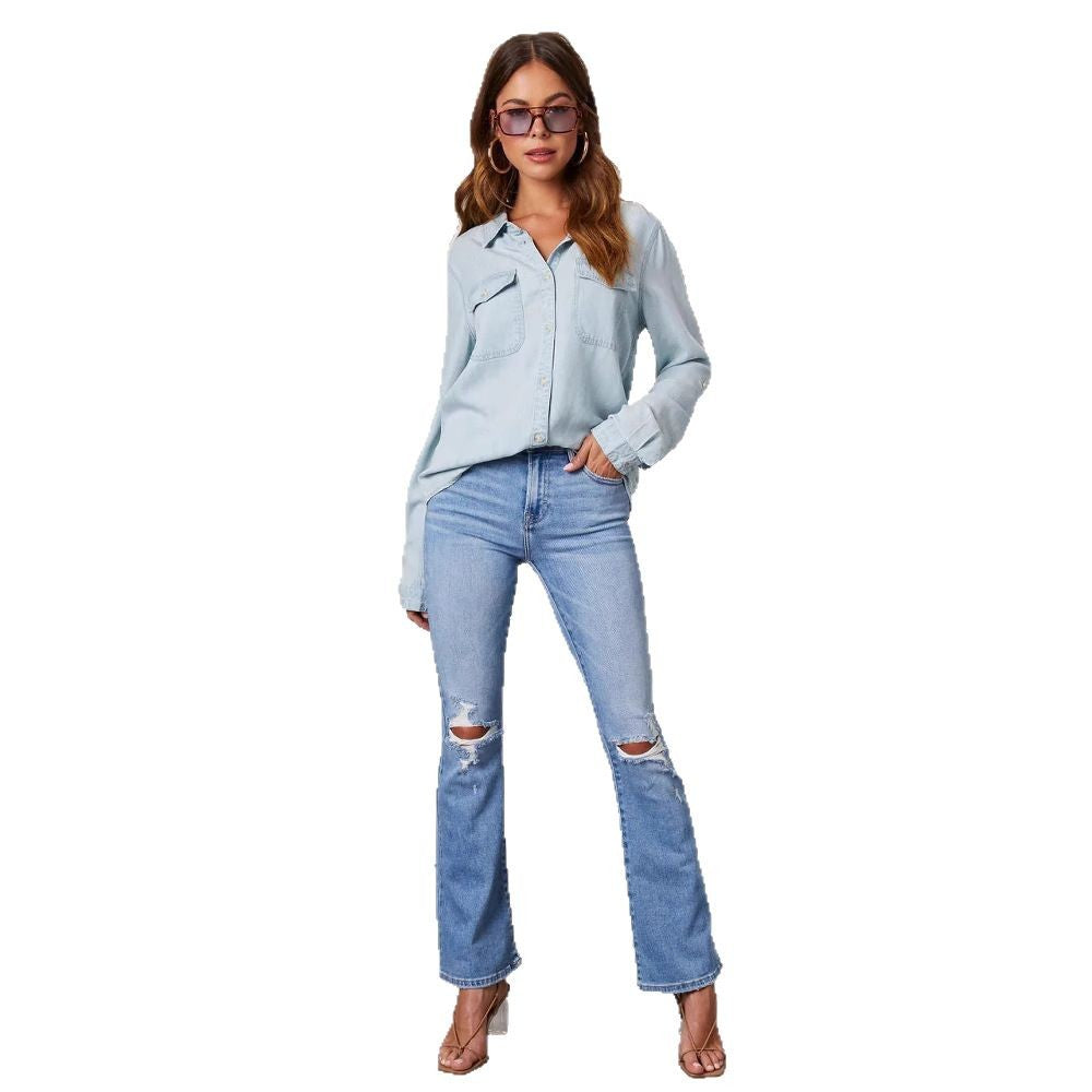 Damen-Jeanshemd mit Krempelärmeln und zwei Brusttaschen, Größe S