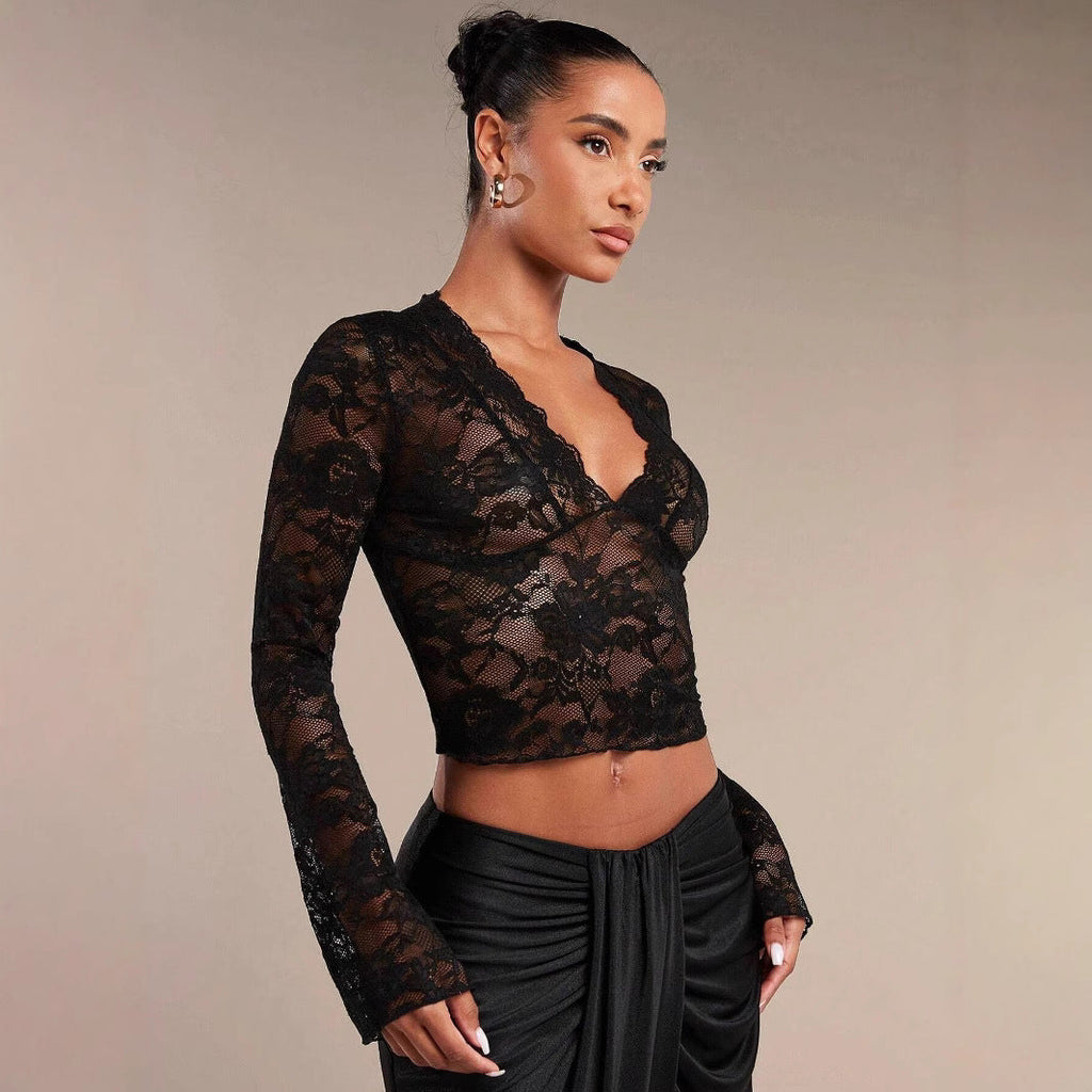 Valenzora | Transparent lace V-neck fitted bell-sleeve top