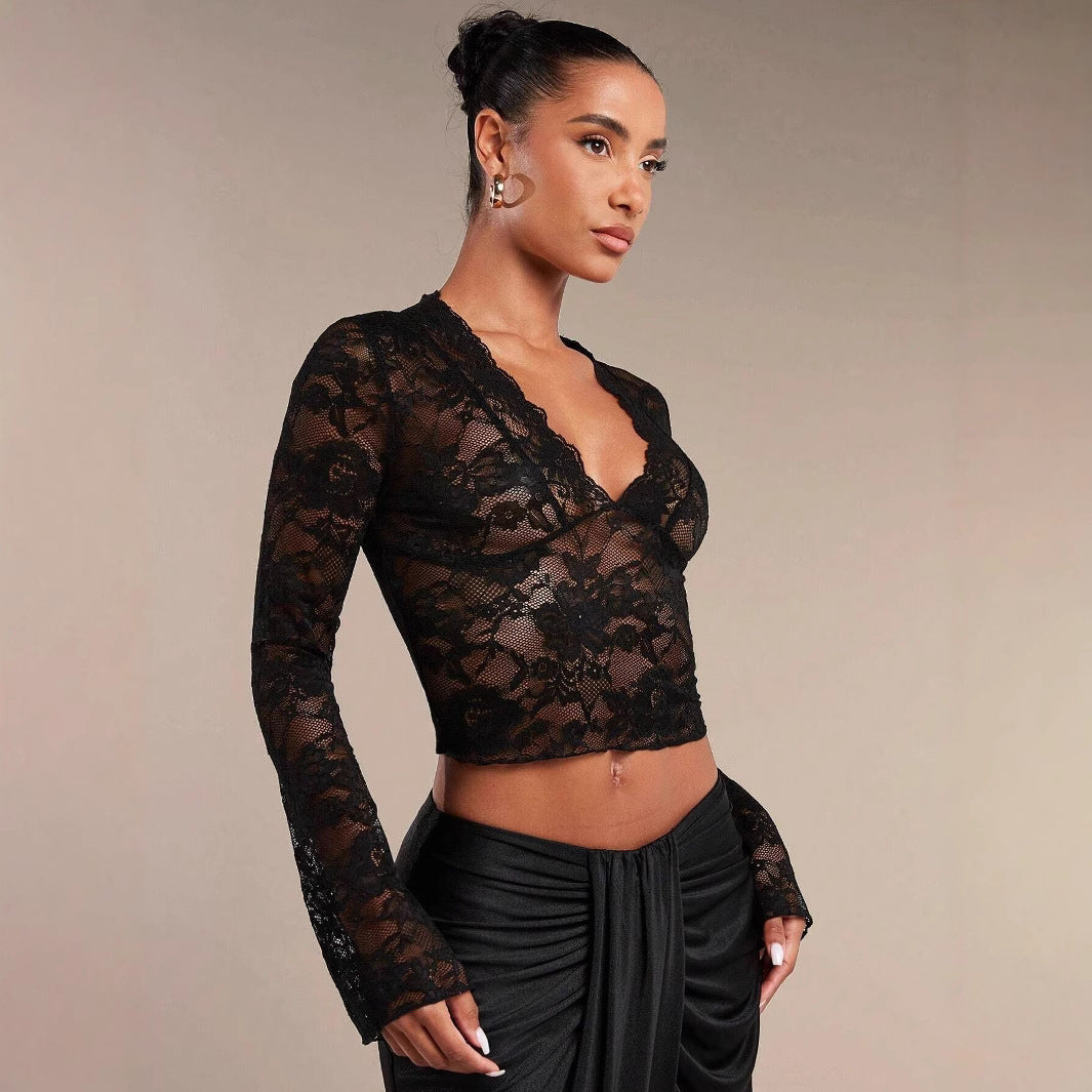 Valenzora | Transparent lace V-neck fitted bell-sleeve top