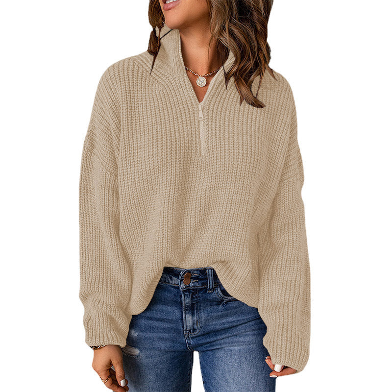 Women's chunky knit sweater with stand-up collar and zipper, size