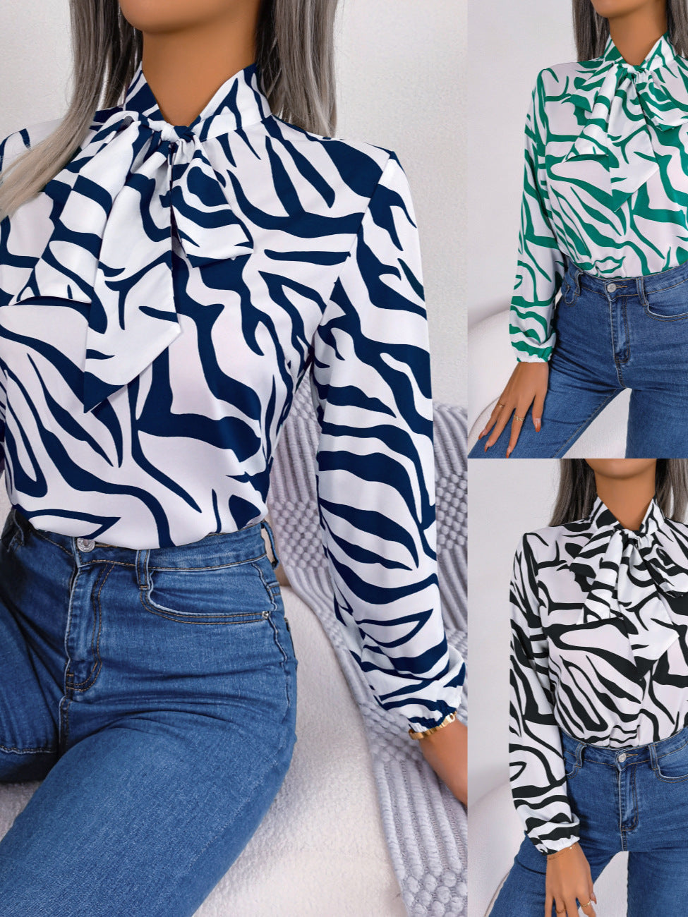 Women's blouse with fashionable zebra pattern and elegant bow collar, size