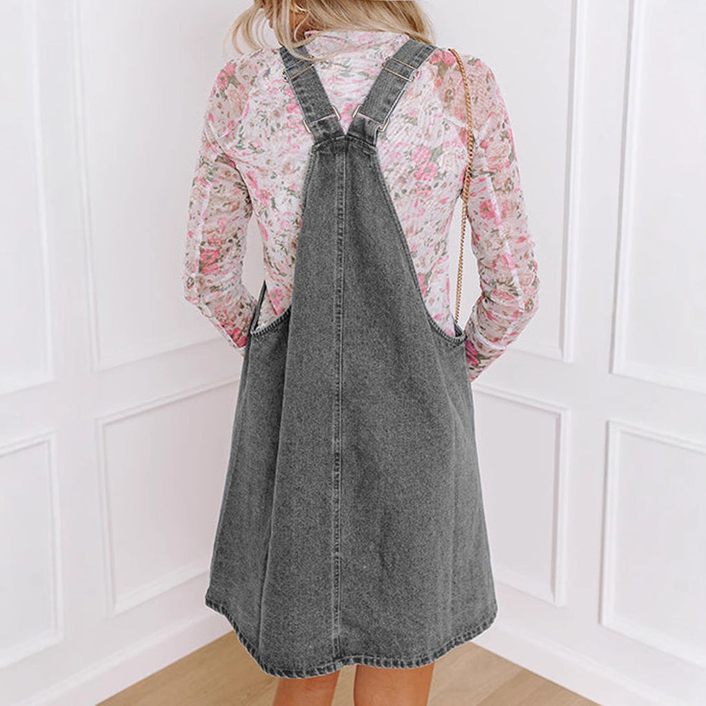 Women's denim dungaree dress with practical pockets and button details Drune