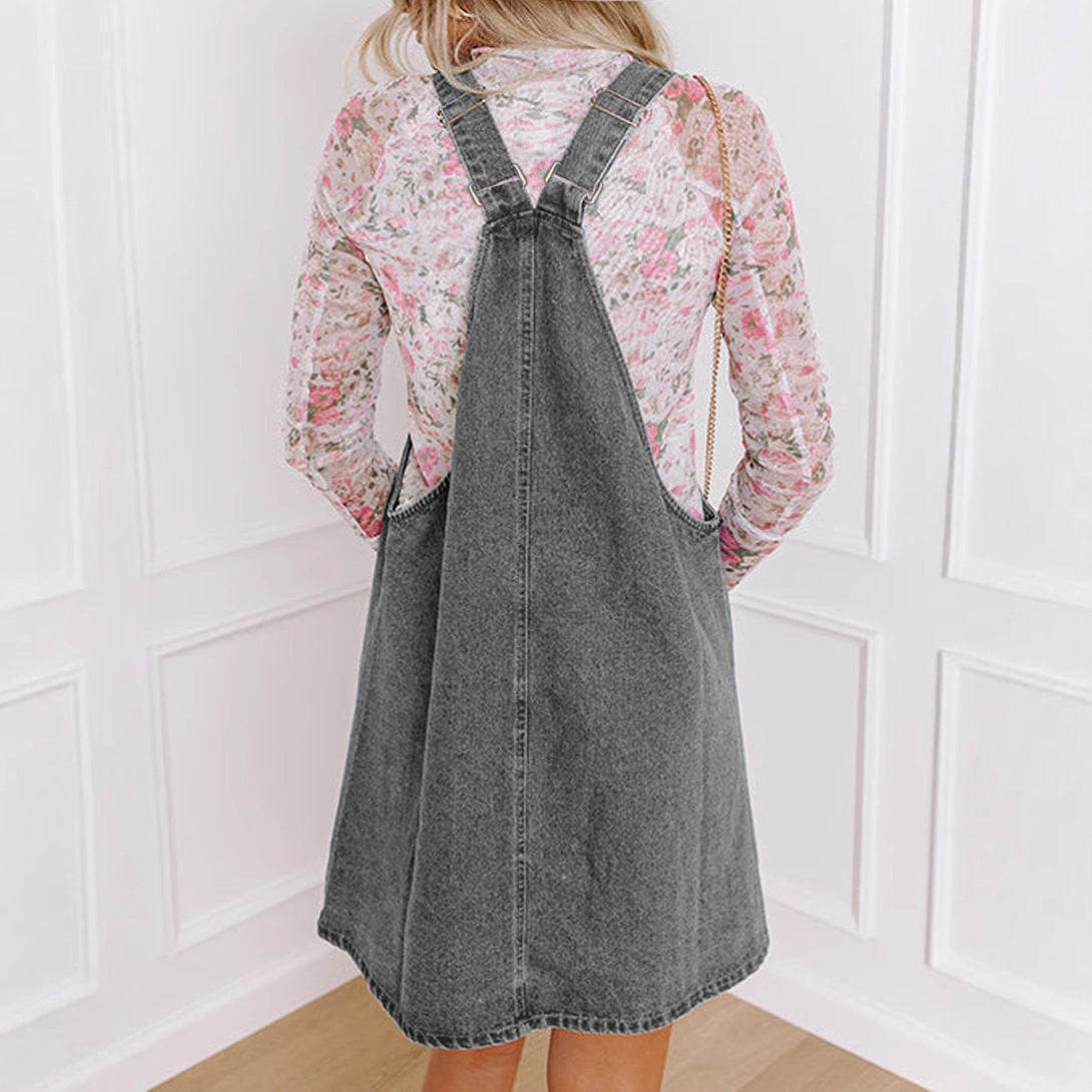 Women's denim dungaree dress with practical pockets and button details Drune