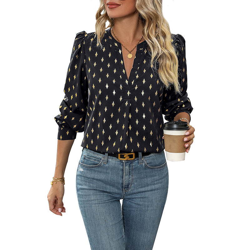 Women's blouse with an elegant V-neck and delicate ruffle details, size [size missing]