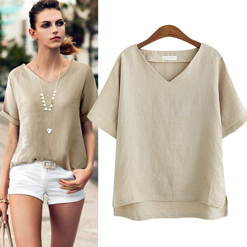 Women's casual V-neck blouse with dropped shoulders, size