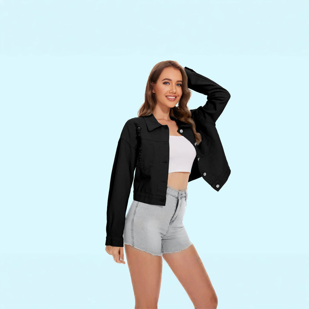 Women's denim jacket in a casual crop style with fringed details, size Valenzora