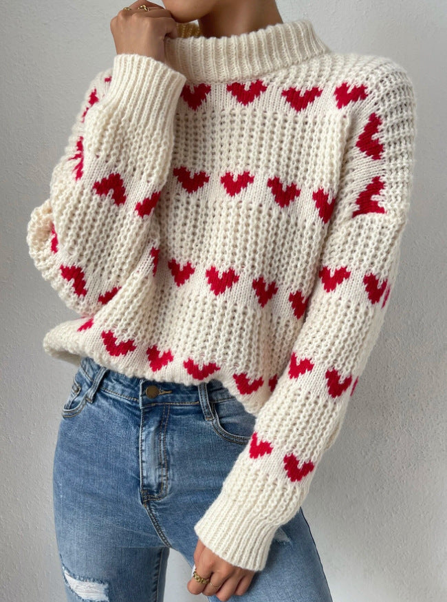 Valenzora Halbhoher Kragen Locker sitzender Love-Heart Jacquard-Strickpullover
