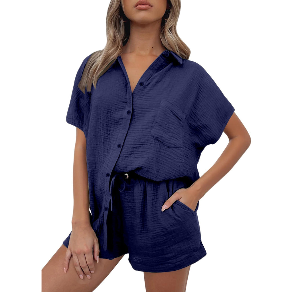 Women's casual short-sleeved shirt and shorts set made from durable cotton material with practical pockets and elastic waistband, size [size missing]
