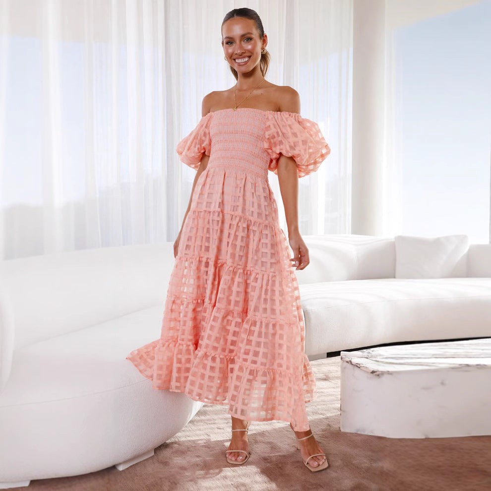 Valenzora | Women's dress with a single neck, lantern sleeves, layered seams