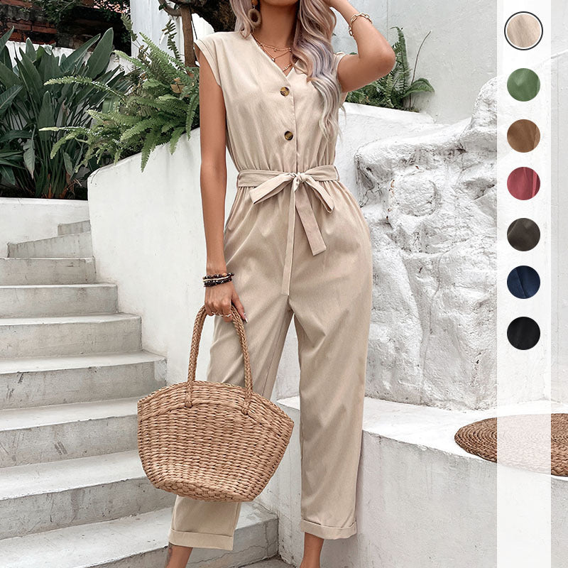 Women's jumpsuit with elegant button closure and chic waist belt, size