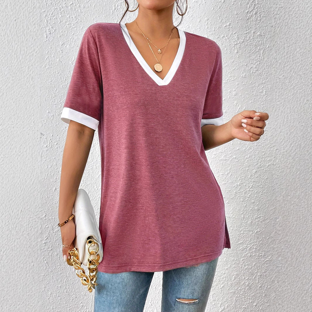 Women's V-neck shirt with contrast sleeves and comfortable fit, size