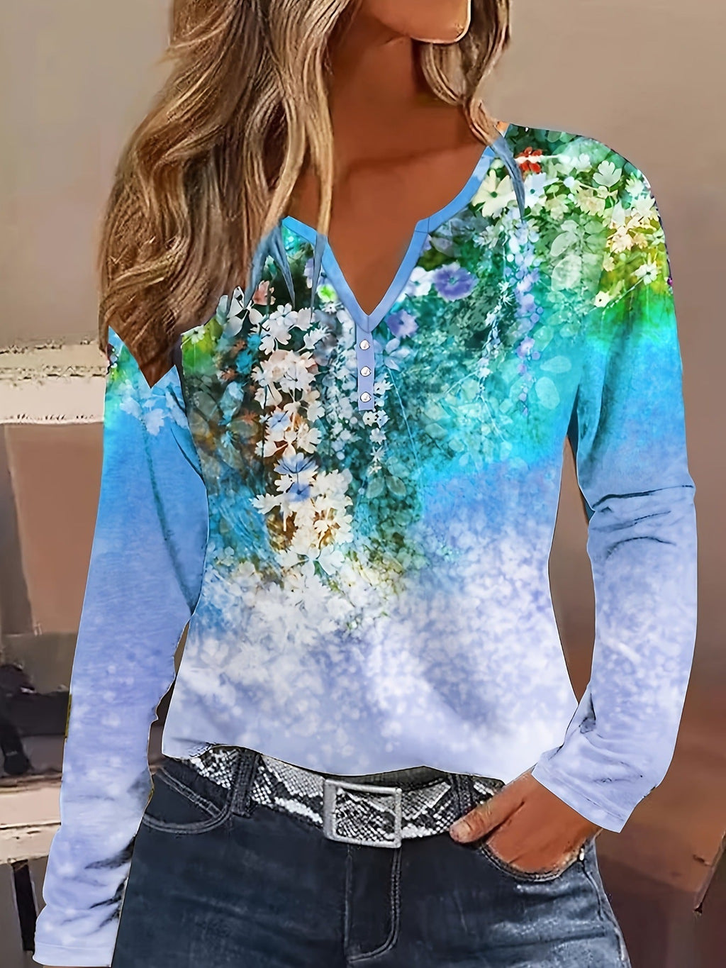 Valenzora | Floral round neck long-sleeved shirt