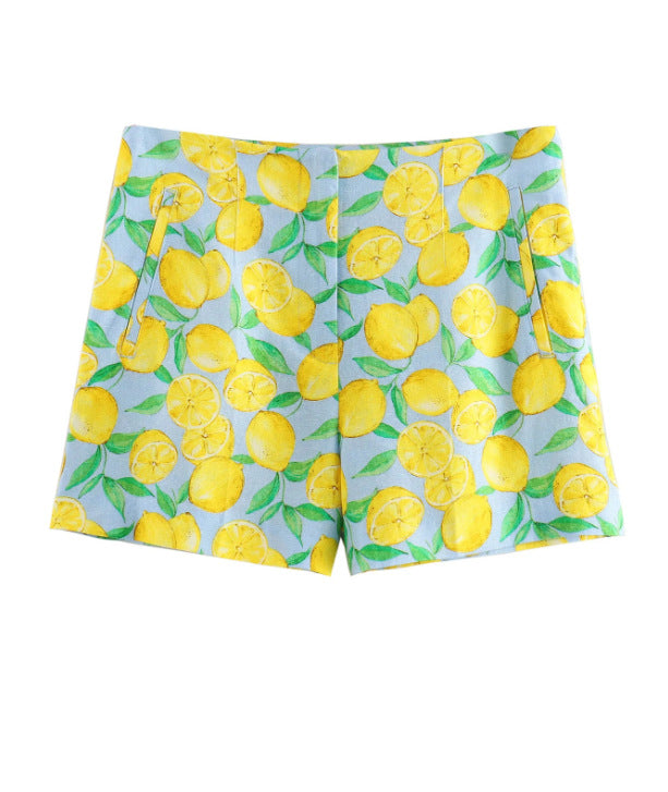 Women's shorts with a fresh lemon print and elegant fit, size [size missing]