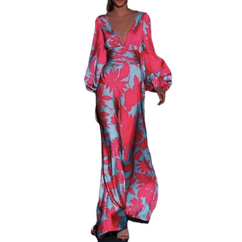 Women's Elegant Maxi Jumpsuit with Floral Patterns and Deep V-Neck Size