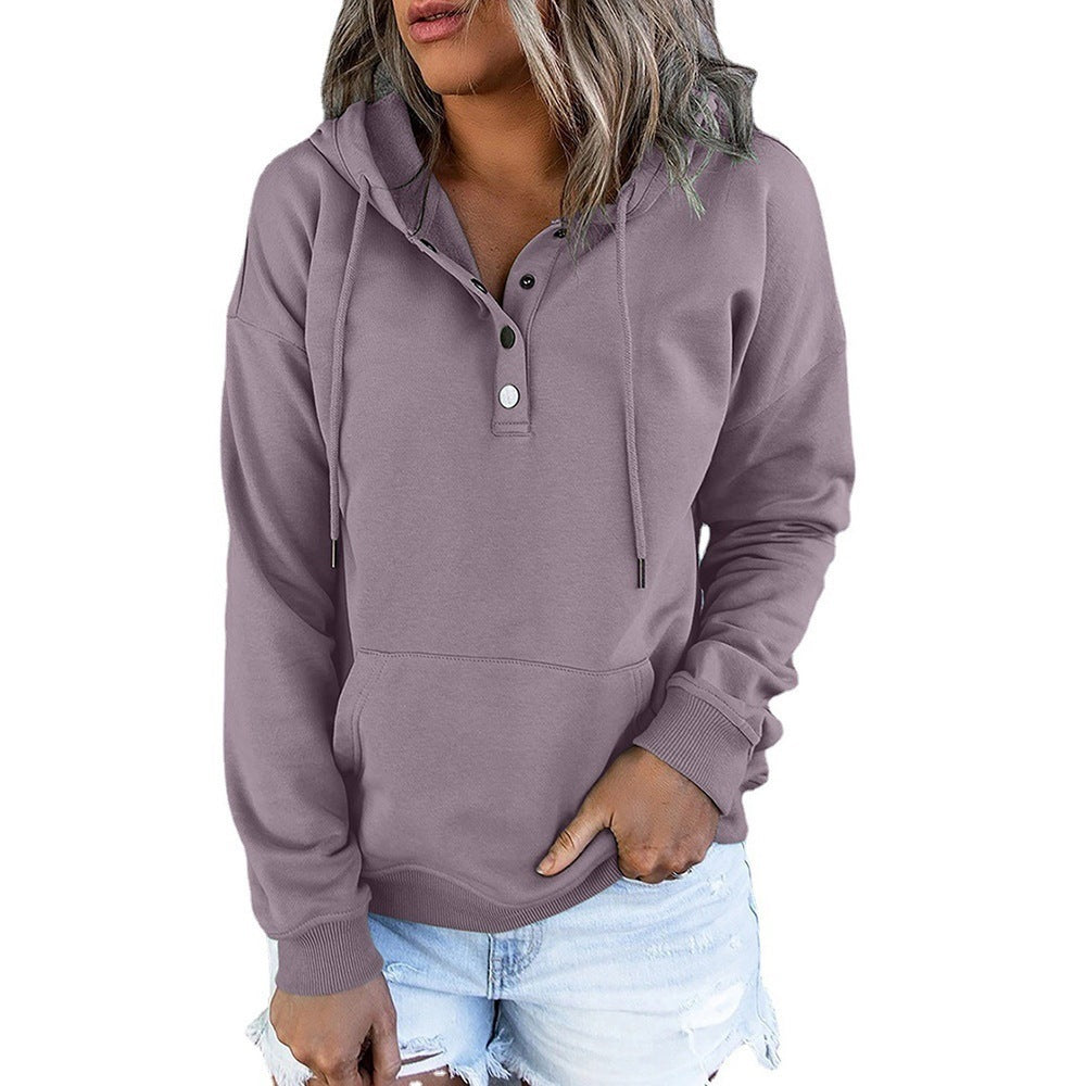 Women's hooded sweatshirt with button placket and relaxed fit, size