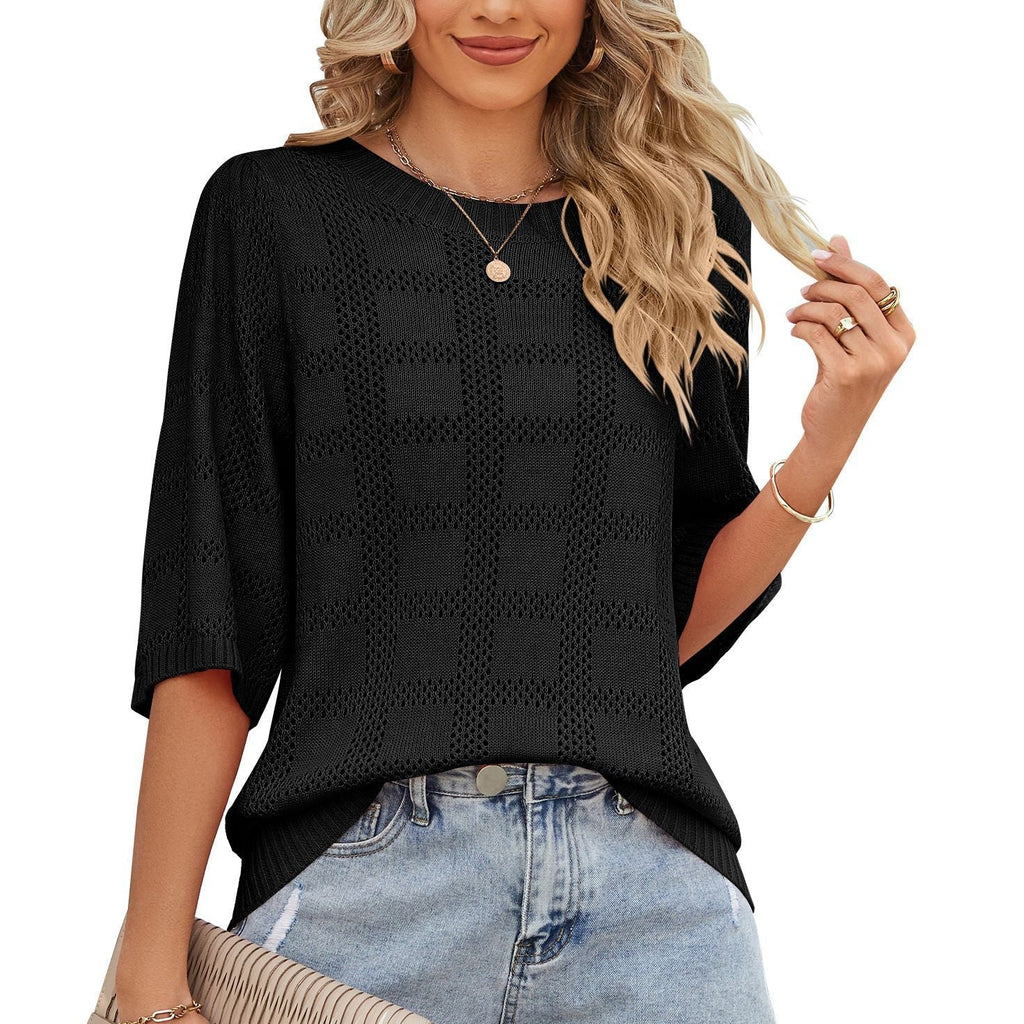 Women's airy knit top with a loose fit and modern openwork pattern, size
