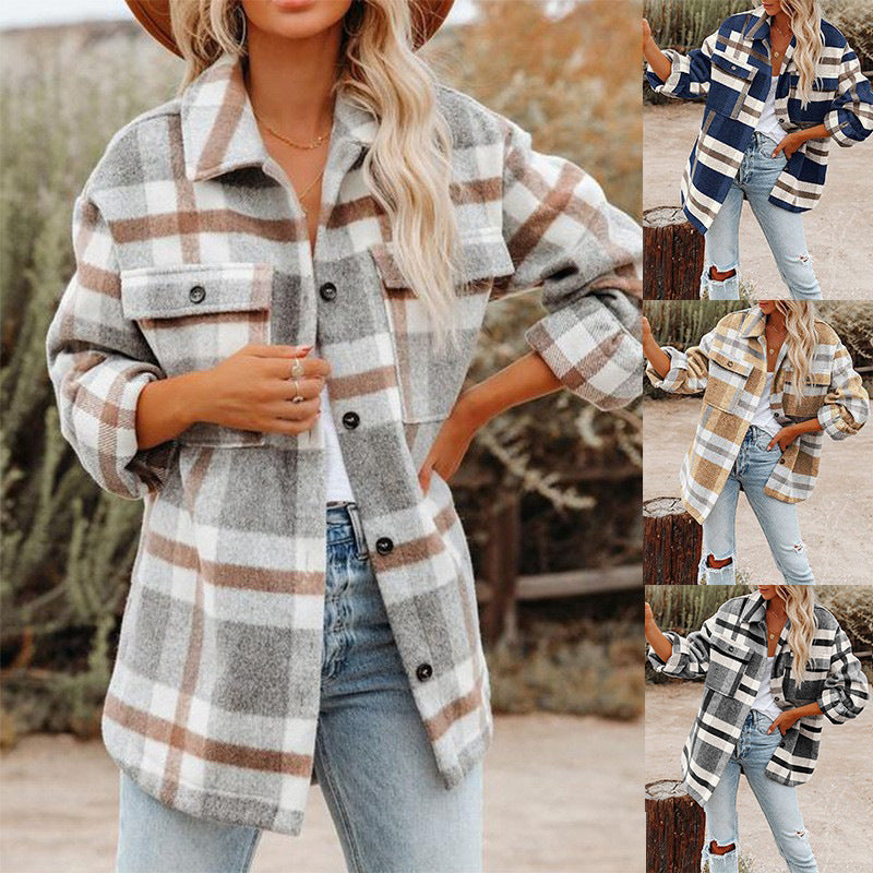 Karierte Damen-Flanelljacke mit entspannter Passform und aufgesetzten Taschen, Größe S