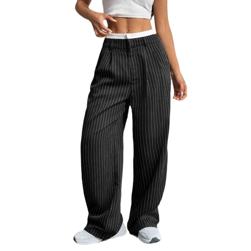Women's Elegant Wide-Leg Pinstripe High-Waisted Trousers, Size