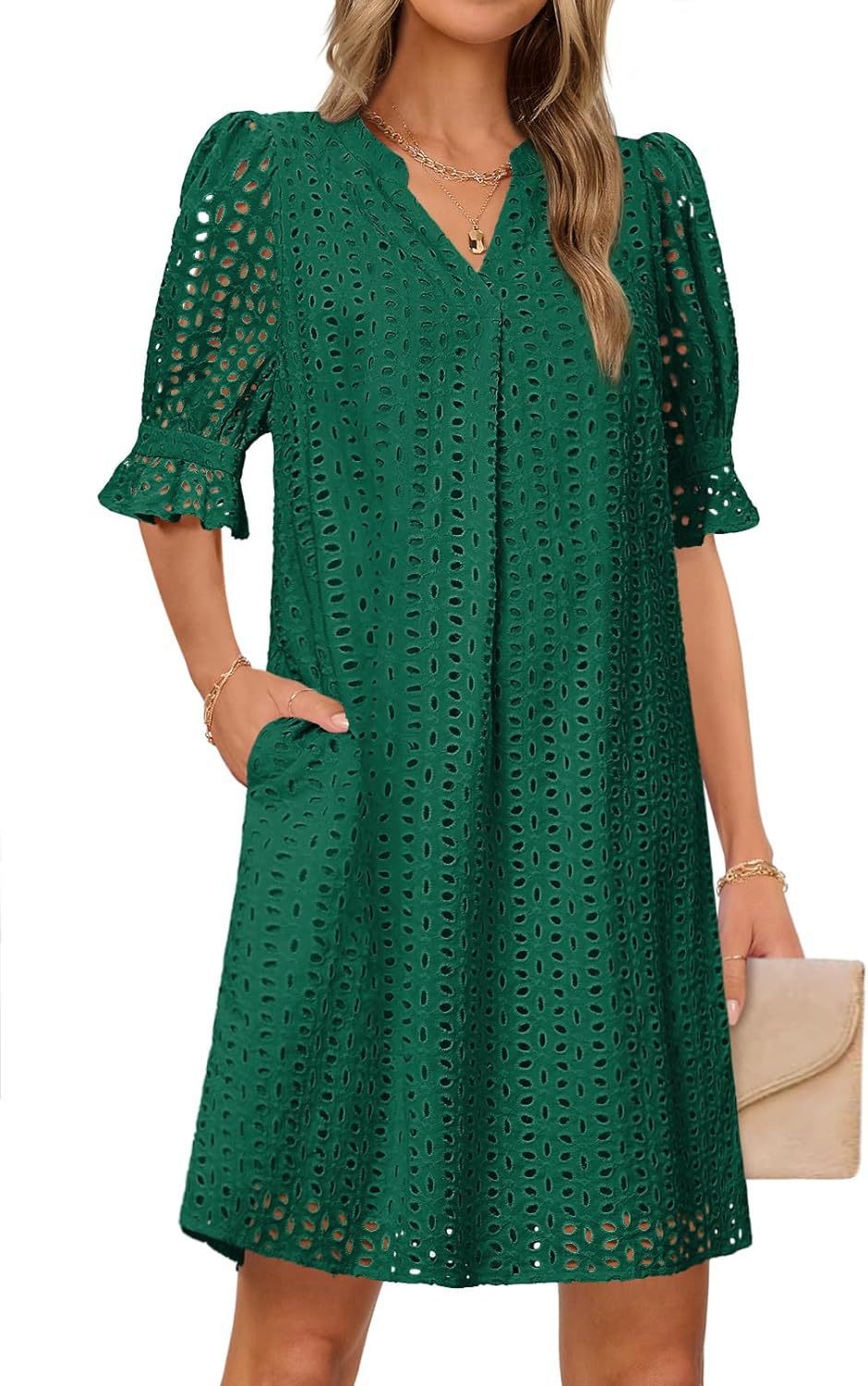 Women's airy summer dress with romantic openwork pattern and practical pockets, size