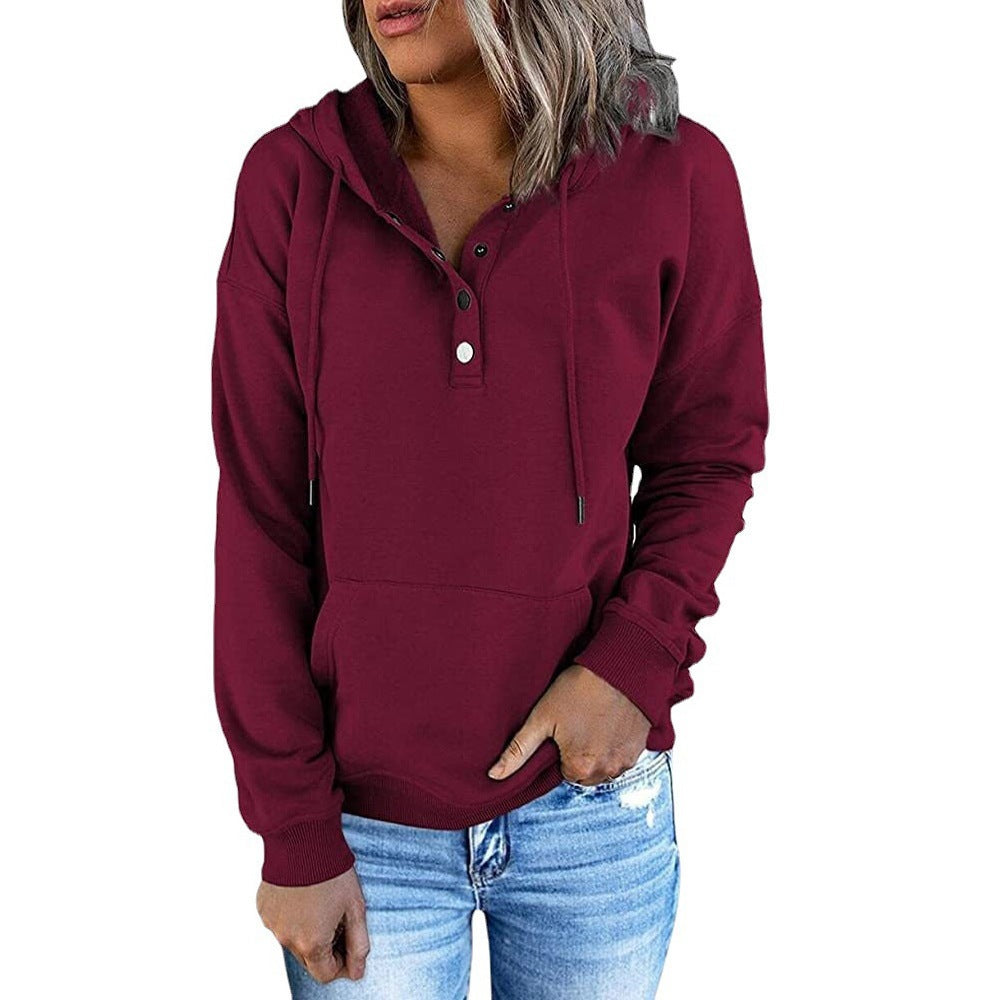 Women's hooded sweatshirt with button placket and relaxed fit, size
