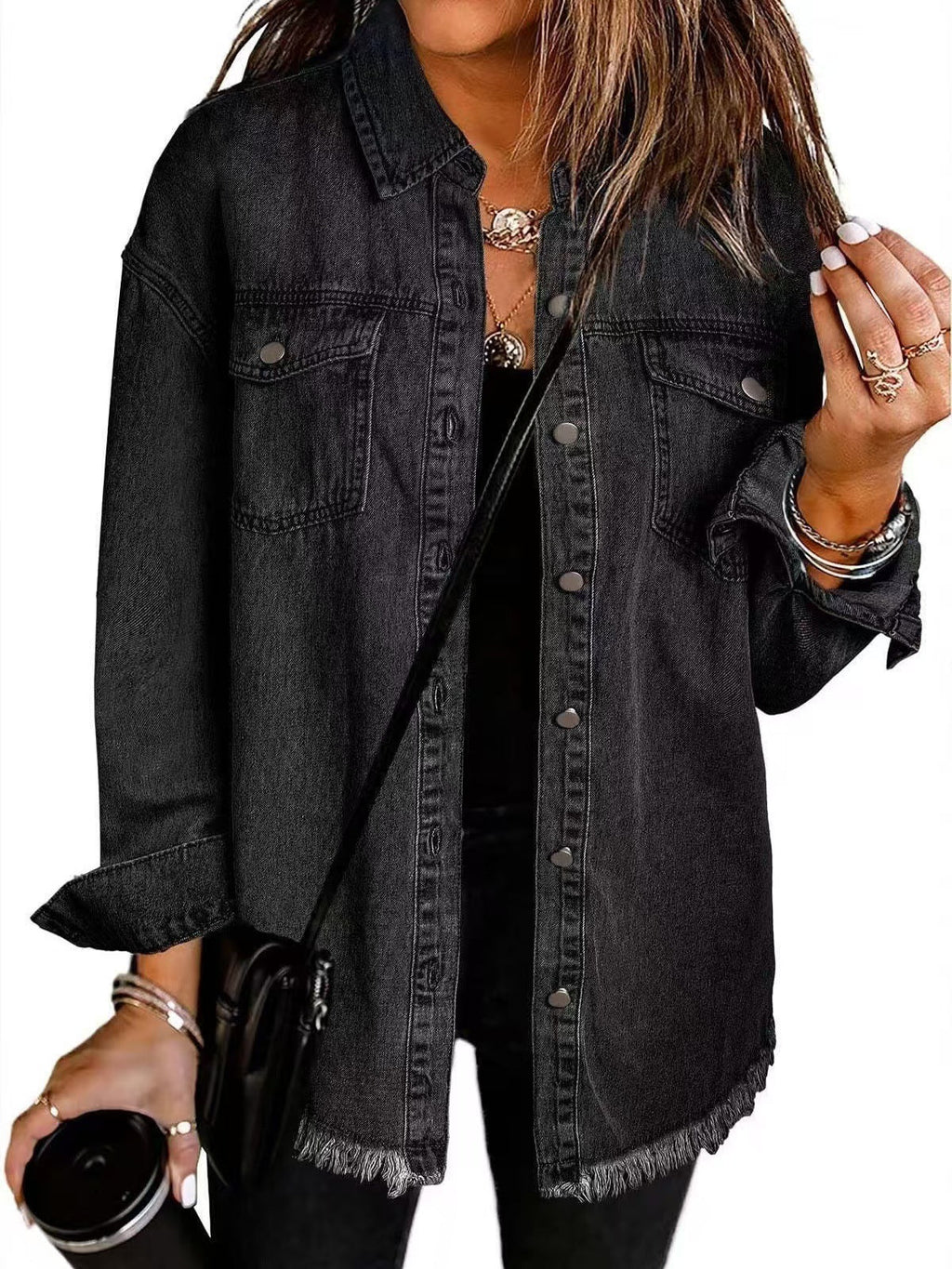 Women's Oversized Denim Shirt with Fringes, Size