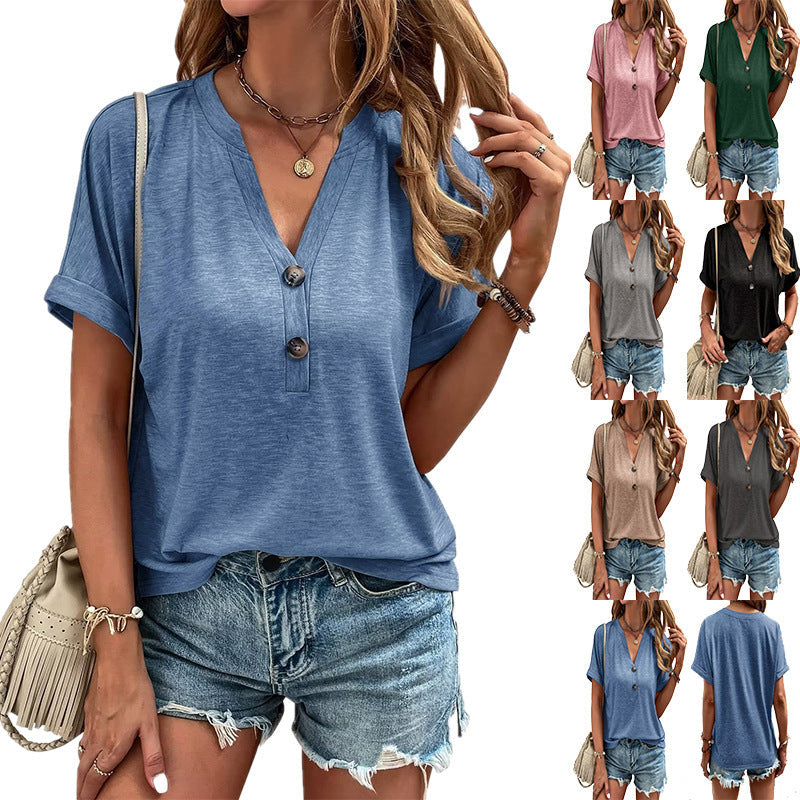 Women's short T-shirt with button placket and casual cut, size