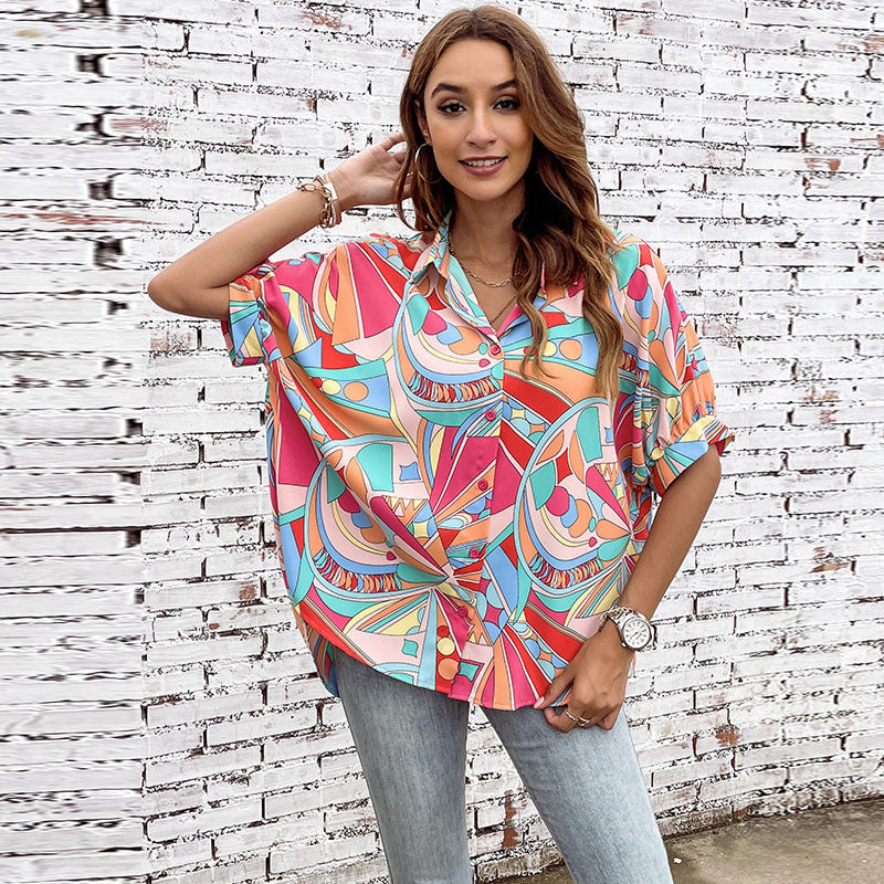 Women's colorful blouse with geometric pattern and fashionable button placket, size
