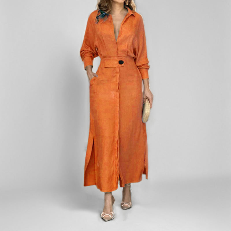 Women's shirt dress with deep V-neck and elegant button detail Drune