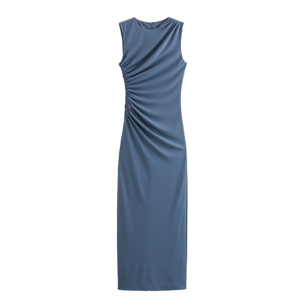 ValenzoraMODE | Solid Color Round Neck Sleeveless Pleated Slim Fit Dress