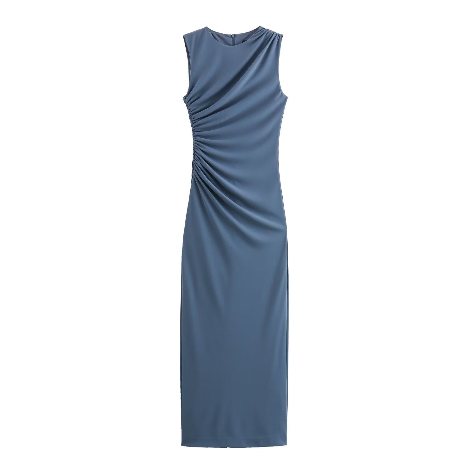 ValenzoraMODE | Solid Color Round Neck Sleeveless Pleated Slim Fit Dress