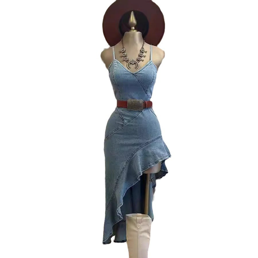 Valenzora | Jeanskleid mit Rüschensaum und Schlitz